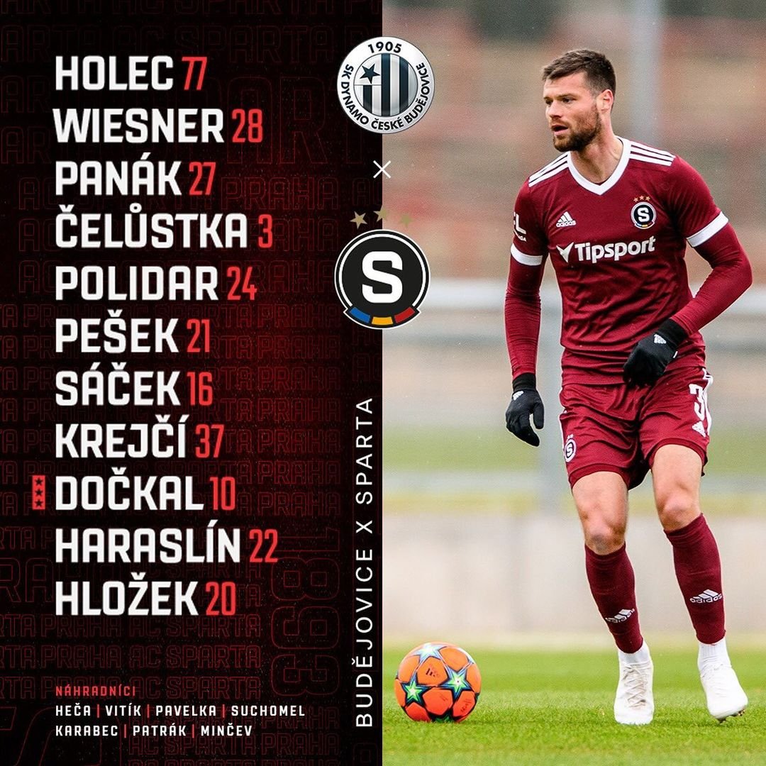 1️⃣1️⃣ SESTAVA | Do zápasu proti Českým Budějovicím vyběhneme v tomto složení:

? Holec - Wiesner, Panák, Čelůstka, Polidar - Pešek, Sáček, LK37, Dočkal, Haraslín - Hložek. #acsparta